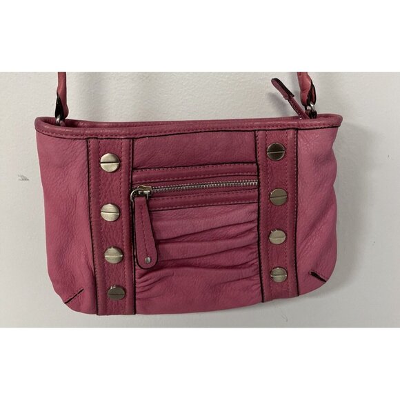 B. Makowsky Pink Leather Shoulder Bag Stud Accents & Leopard Print Lining - Picture 1 of 8